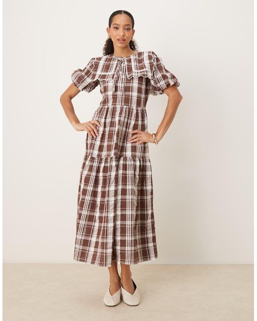 Neon Rose Natural Collar Detail Check Print Midaxi Dress