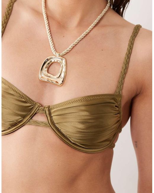 Miss Selfridge Natural Braided Ruched Cup Satin Bikini Top