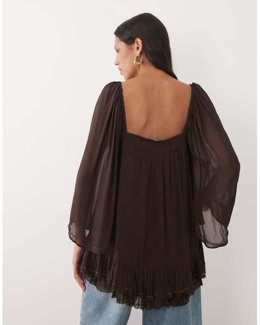 Mango Brown Sqaure Neck Half Sleeve Ruffle Blouse
