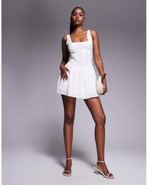 Aria Cove White Broderie Square Neck Button Detail Skater Mini Dress