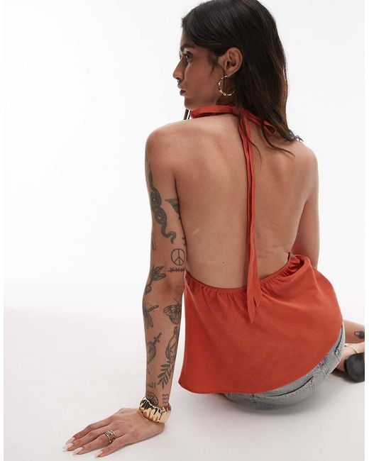 TOPSHOP Red Halterneck Top With Contrast Lace