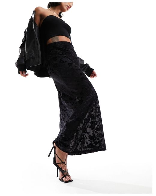 Miss Selfridge Black Burnout Mid Rise Maxi Skirt
