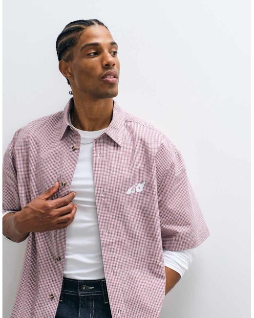 ASOS Pink Boxy Oversized Check Shirt With Chest Print for men
