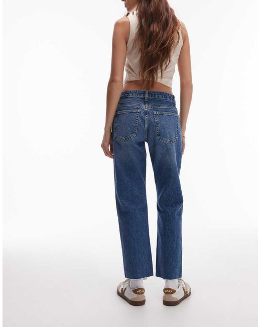 TOPSHOP Blue Mid Rise Straight Cropped Jean With Raw Hems