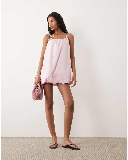 ASOS Pink Poplin Puff Mini Sundress With Tie Straps