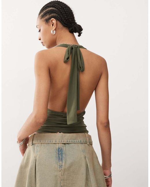 Collusion Green Cupro Longline Slinky Halter Top