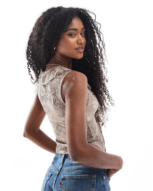 Miss Selfridge Blue Lace Ruffle Tie Front Sleeveless Top