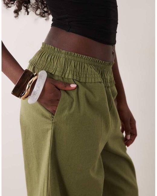 ASOS Green Shirred Waist Linen Blend Pull On Trousers