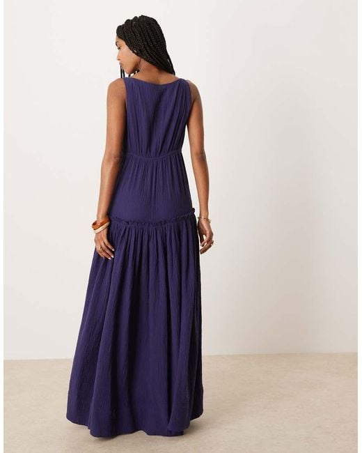 ASOS Blue Laundered Slash Neck Maxi Dress With Seaming Detail
