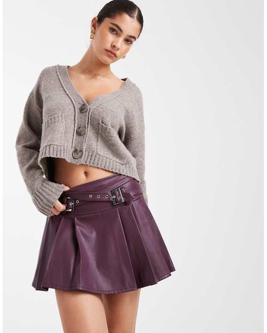 Miss Selfridge Purple Faux Leather Pleated Kilt With Buckles