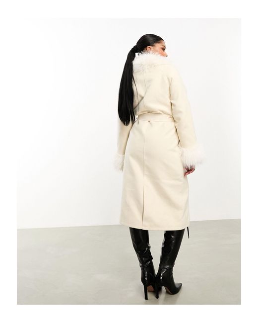 Threadbare White Blair Formal Maxi Coat With Tie Waist And Faux Fur Trims