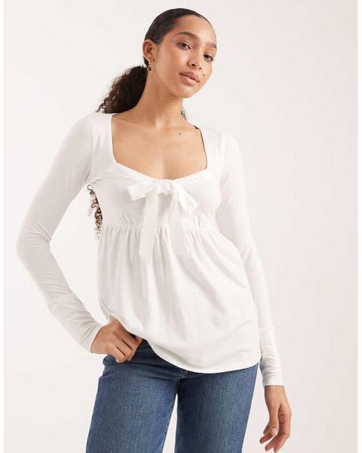 Hollister White Long Sleeve Front Bow Babydoll Top