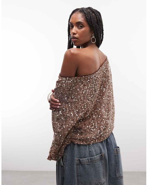 ASOS Brown Sheer Crochet Sequin Asymmetric Slouchy Cape Top