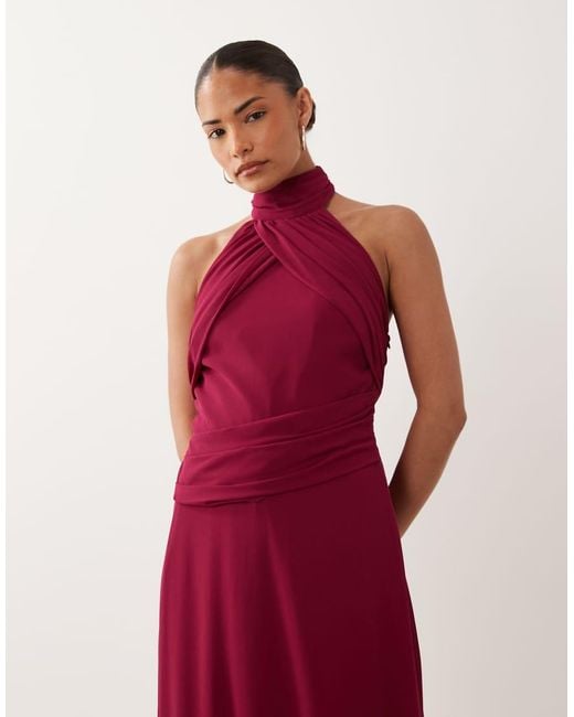 TFNC London Red Tfnc Bridesmaid Petite Chiffon Halter Neck Drape Maxi Dress