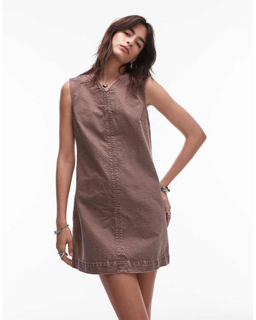 TOPSHOP Brown Denim V-neck Mini Dress