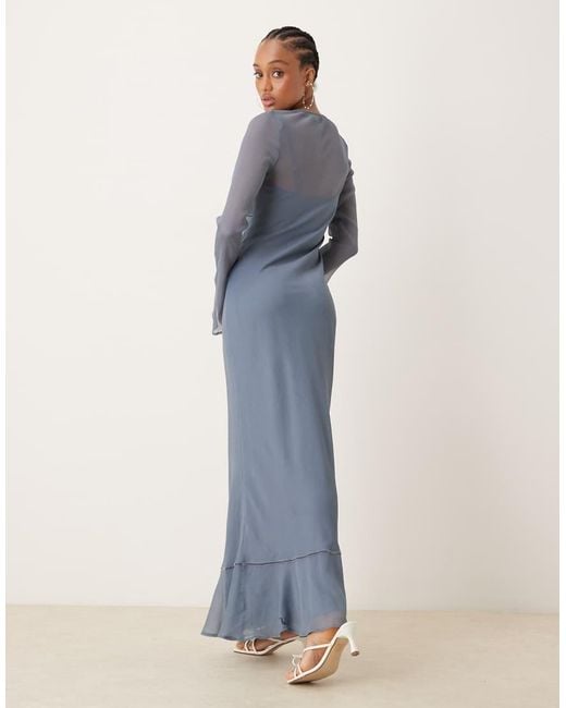 ASOS Blue Asos Design Tall Ruched Bust Long Sleeve Maxi Dress