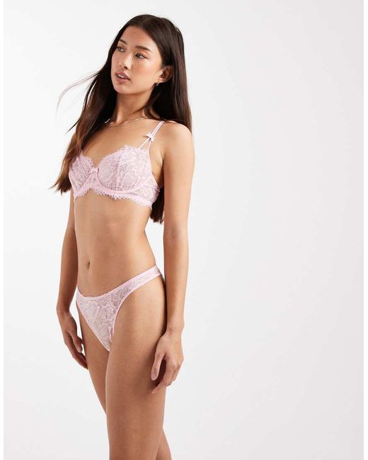 Lindex Pink Lace Thong With Hardware Bow Detail