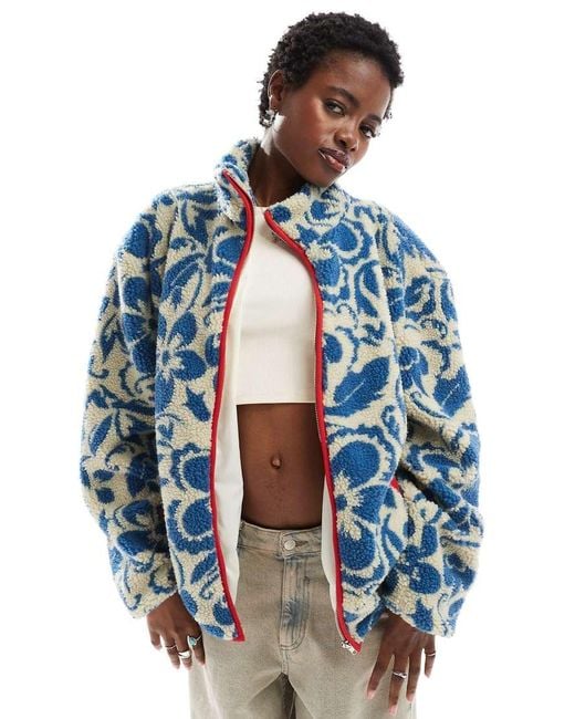 Daisy Street Blue Floral Borg Zip Through Jacket