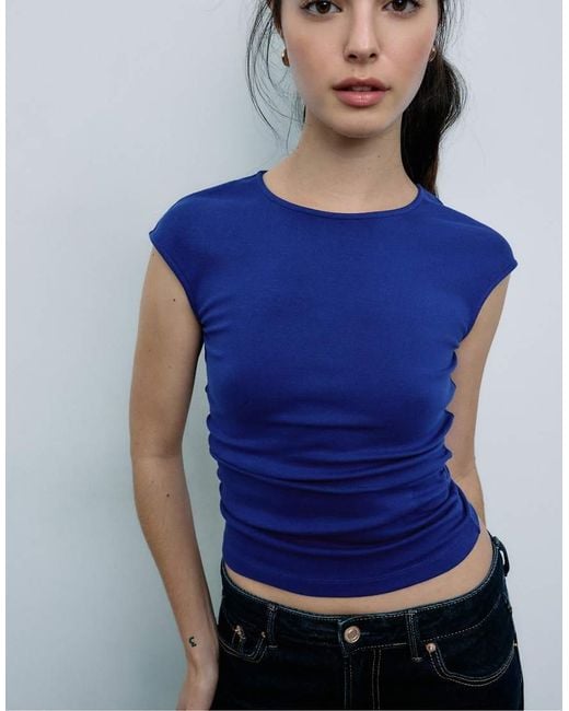 Stradivarius Blue Basic Fitted T-Shirt With Gathering