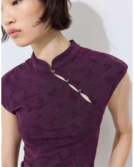 Stradivarius White Flocked Qipao Style T-shirt
