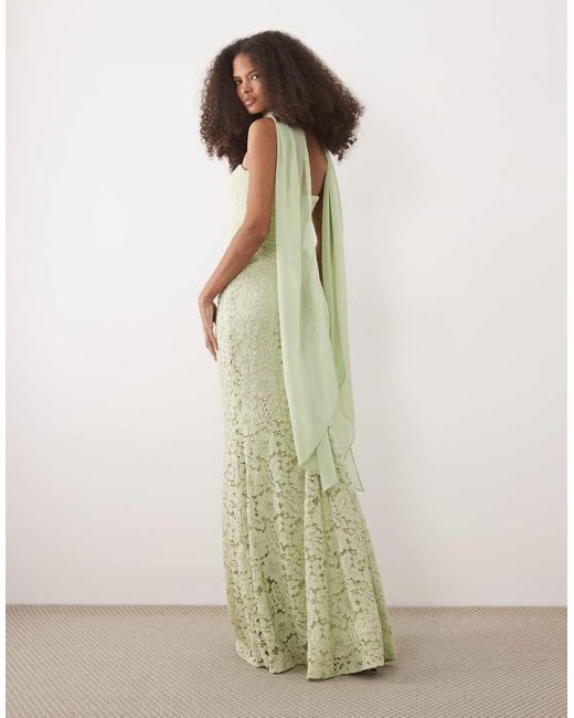 Six Stories Green Lace Corset Maxi Dress With Scarf Neck