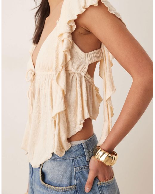 ASOS Natural Crinkle Flutter Sleeve Open Back Top