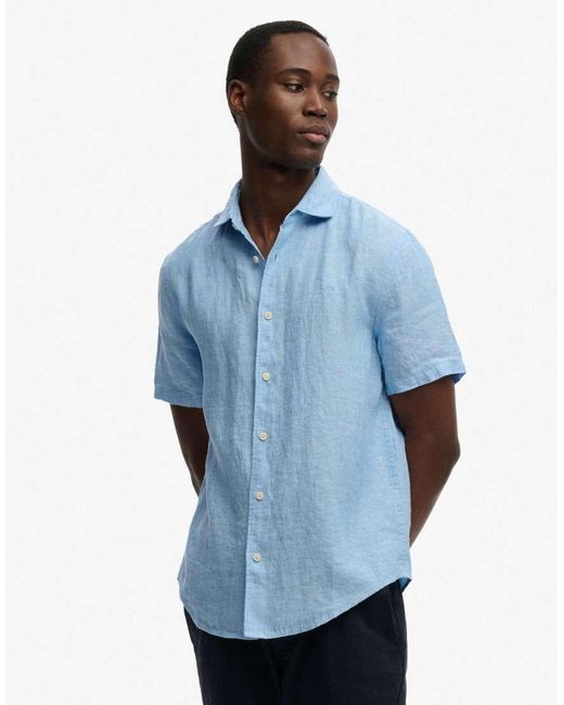 Superdry Blue Riviera Short Sleeve Linen Shirt for men