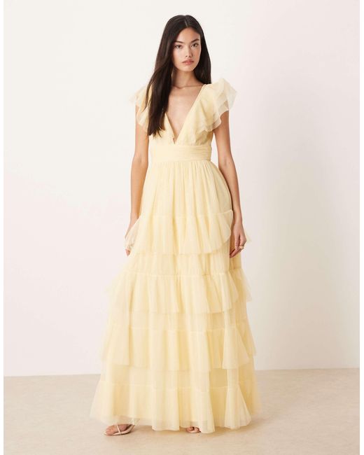 LACE & BEADS Women's Natural Tulle Flutter Sleeve Tiered Frill Maxi Dress - bellamar.vacations LACE & BEADS Women's Natural Tulle Flutter Sleeve Tiered Frill Maxi Dress - bellamar.vacations