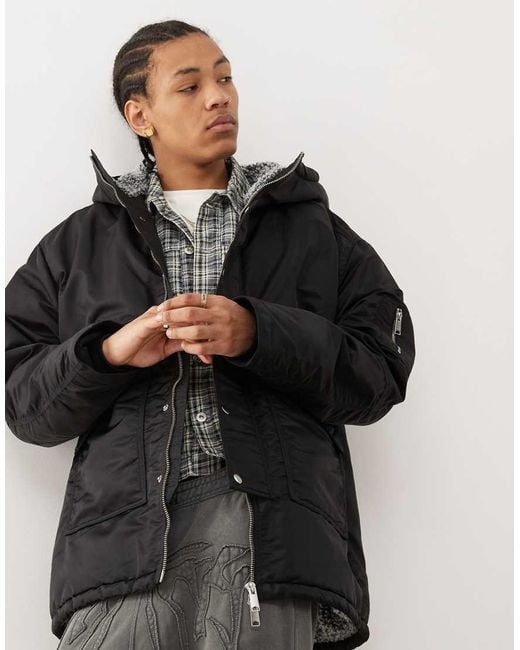 Weekday Black Baloo Parka Coat With Borg Lining for men