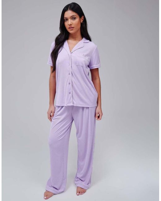 Loungeable Purple Super Soft Jersey Rib Traditional Short Sleeve Long Pant Set