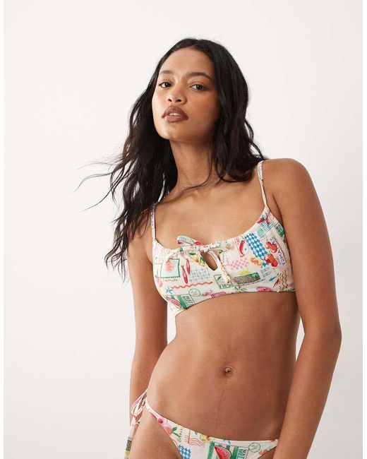 Accessorize Brown Postcard Print Ruched Bikini Top