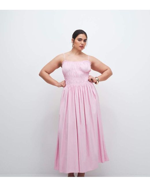 ASOS Pink Asos Design Curve Shirred Cotton Poplin Midaxi Sundress With Dropped Waist