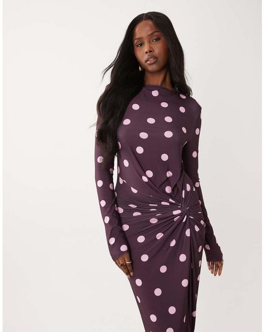 DASKA Purple Stretch Long Sleeve High Neck Twist Detail Maxi Dress