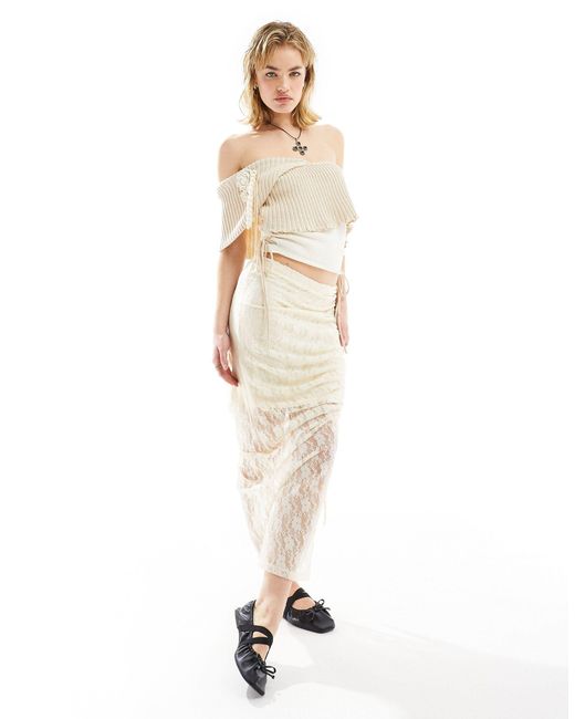 Collusion Natural Knitted Plated Bardot Top With Corsage