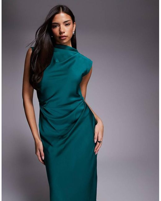 ASOS Blue Satin High Neck Pleated Bodice Midi Dress