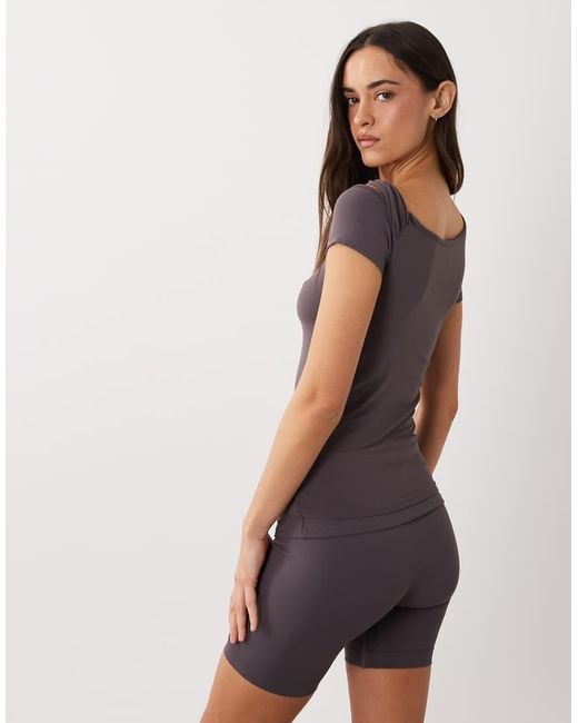4505 Purple Plush Handle Asymmetric Drape Detail Cap Sleeve Studio Top