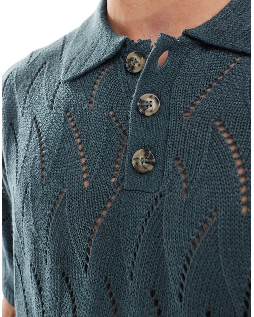 ASOS Blue Oversized Knit Pointelle Polo Shirt for men