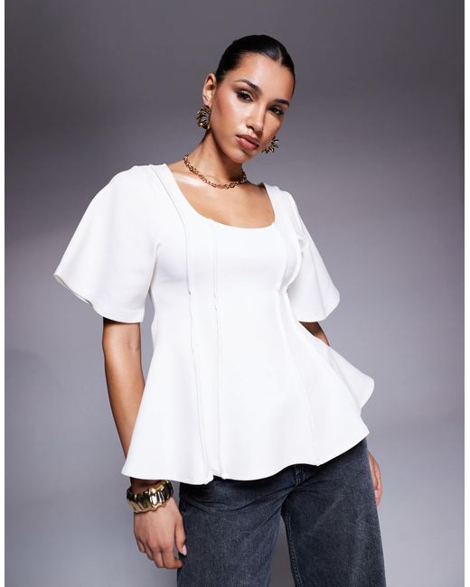 ASOS White Exposed Seam Peplum Short Sleeve Top