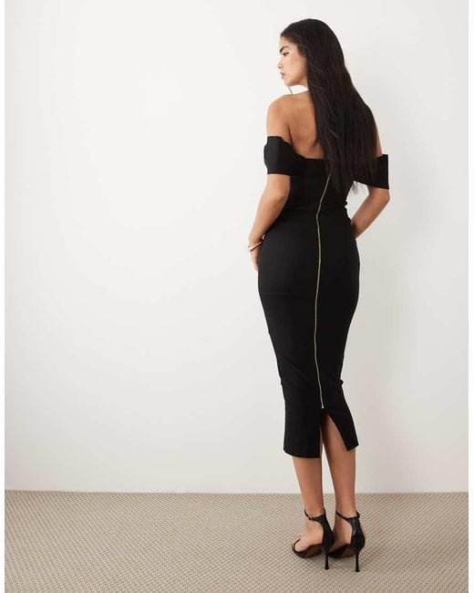 Vesper Black Bengaline Bardot Off Shoulder Bodycon Midaxi Dress
