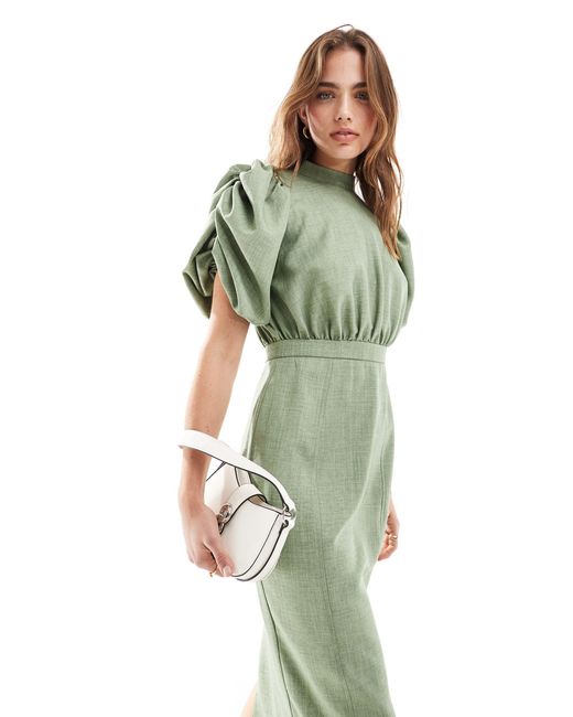 ASOS Green High Neck Volume Sleeve Midi Dress With Fitted Skirt