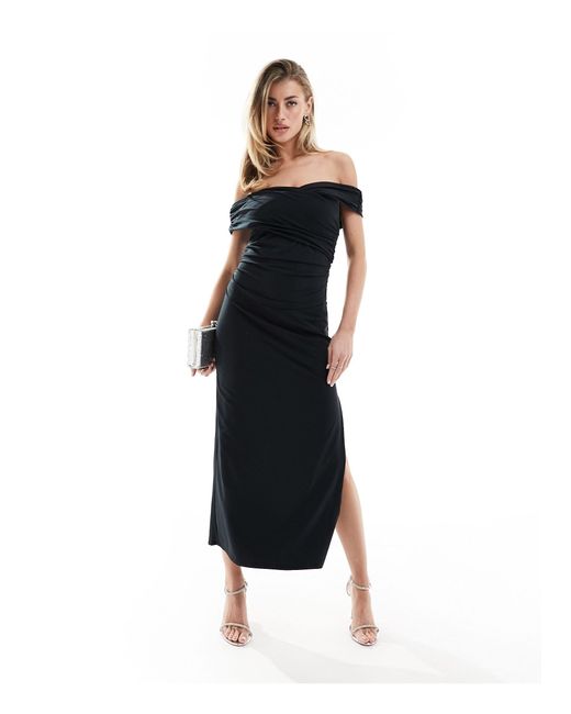 Abercrombie & Fitch Black Off The Shoulder Double Layered Midi Dress With Side Split