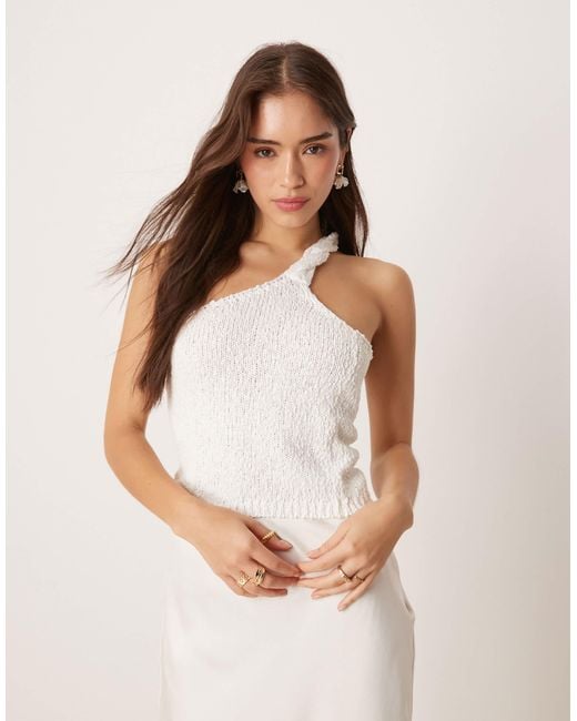 ASOS White Knitted Slub Twist Detail One Shoulder Top