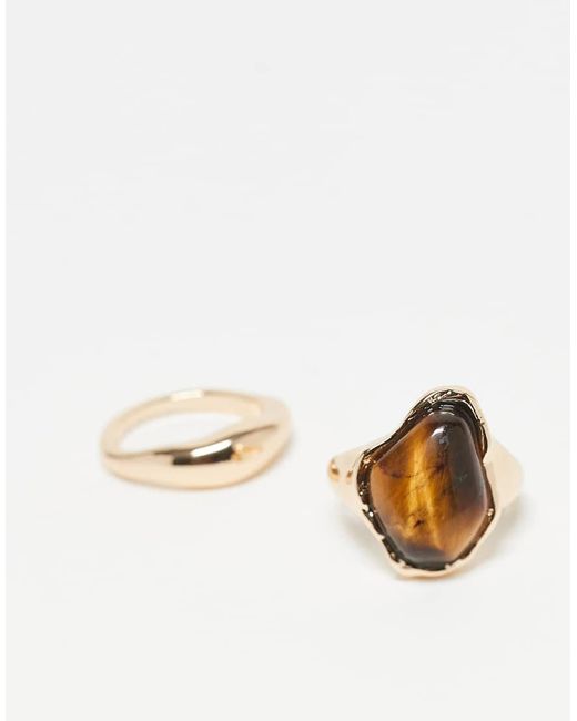 ASOS Set Van 2 Ringen Met Echte Halfedelstenen Tijgeroogsteen in het Natural