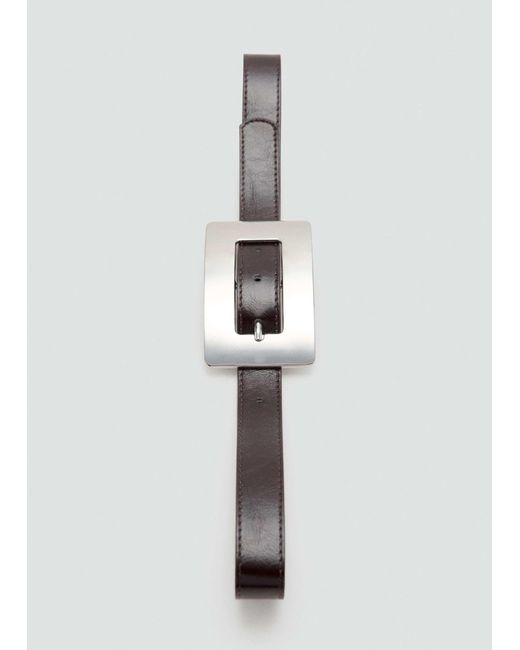 Mango Brown Faux Leather Belt With Oversized Rectangle Silver-tone Buckle