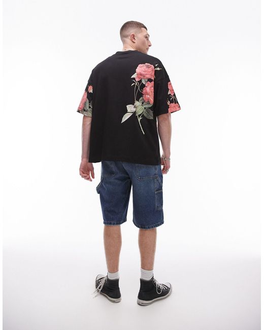 T-shirt premium super oversize nera con stampa ricamata a fiori di Topman in Black da Uomo