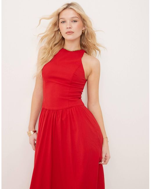 Abercrombie & Fitch High Neck Drop Waist Midi Dress in Red | Lyst