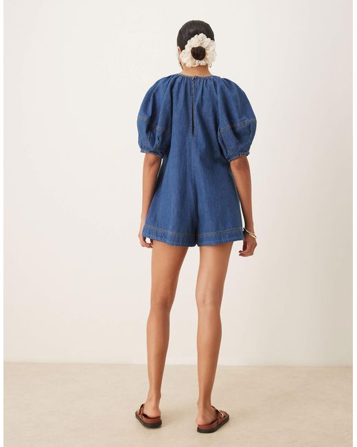 ASOS Blue – playsuit aus softem denim mit ballonärmeln