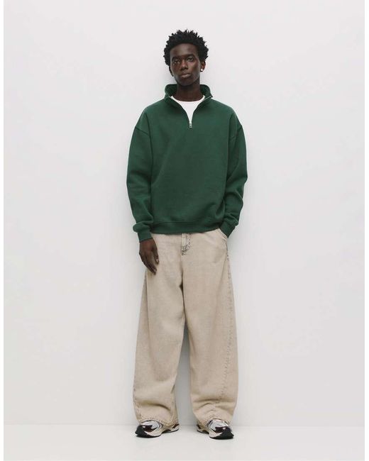 Pull&Bear Green Basic Quarter-Zip Sweatshirt for men