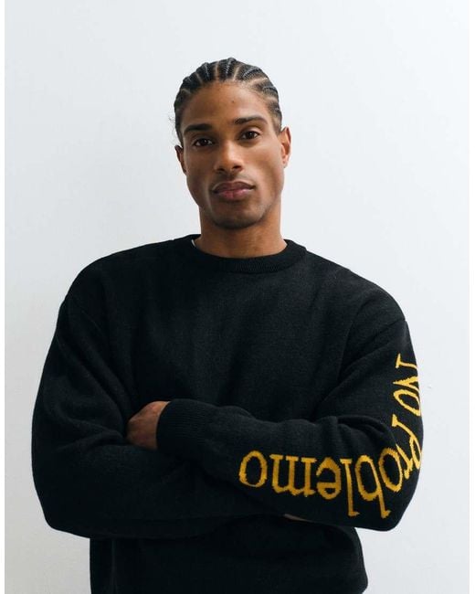 No Problemo Blue Cotton Wool Mix Knitted Jumper With Large Sleeve Logo for men