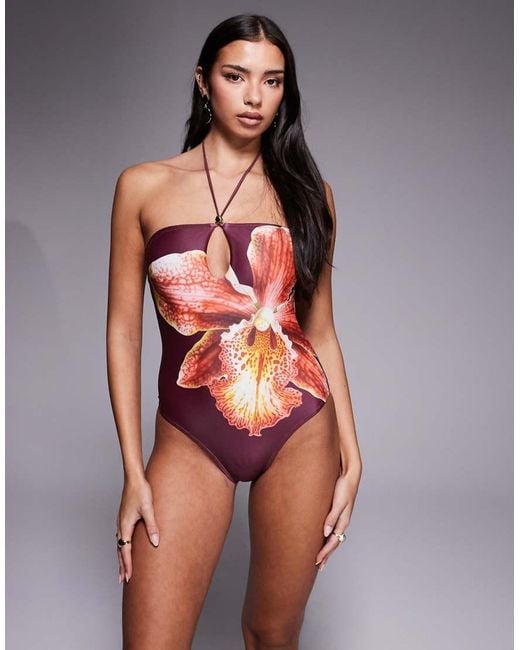 South Beach Red Abstract Floral Print Cutout Swimsuit